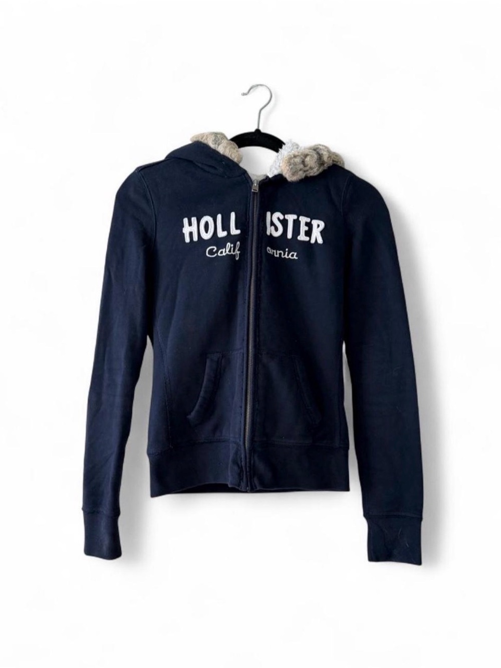 Y2K Hollister Sherpa Lined Navy Logo Zip-Up Hoodie